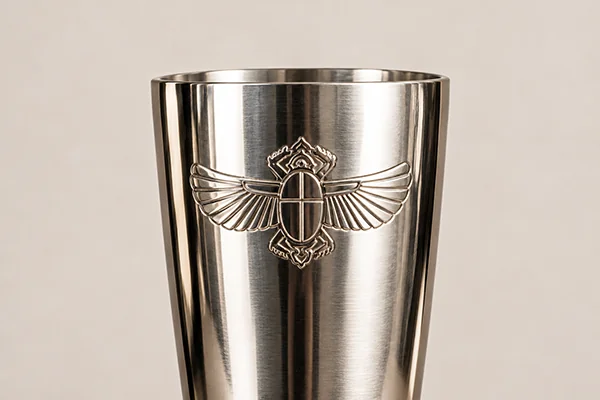 Embossed winged emblem on a stainless steel Boston cocktail shaker