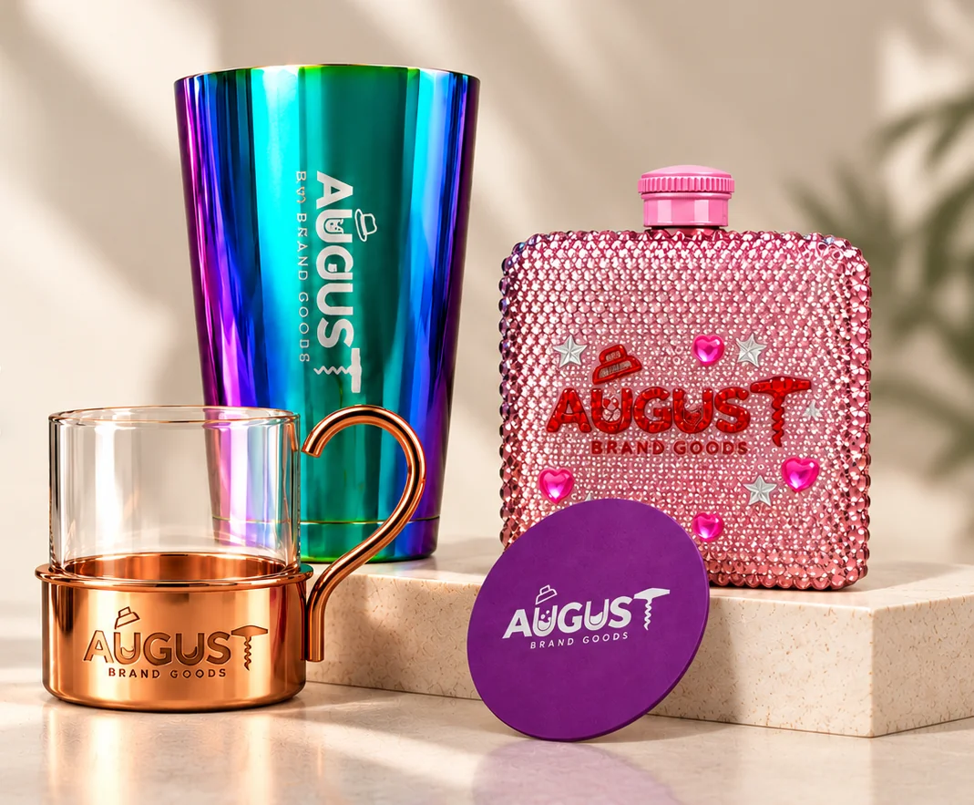 Custom logo wine accessories including colourful drinkware and a rhinestone-decorated hip flask with AUGUST branding