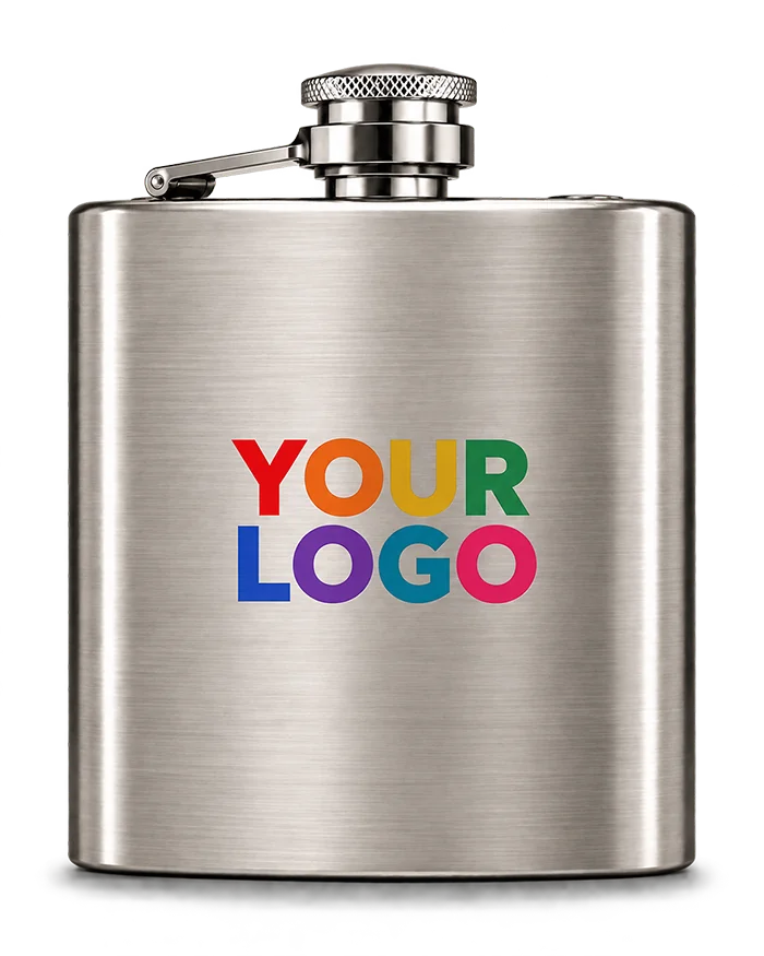 Full-colour 3D printed logo on a stainless steel hip flask