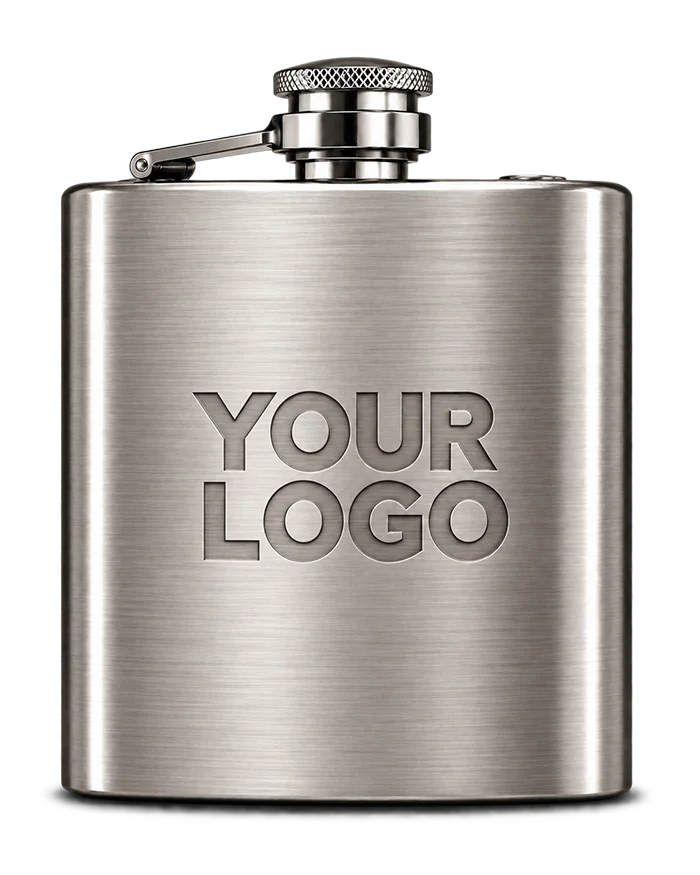 Debossed logo recessed into a brushed stainless steel hip flask