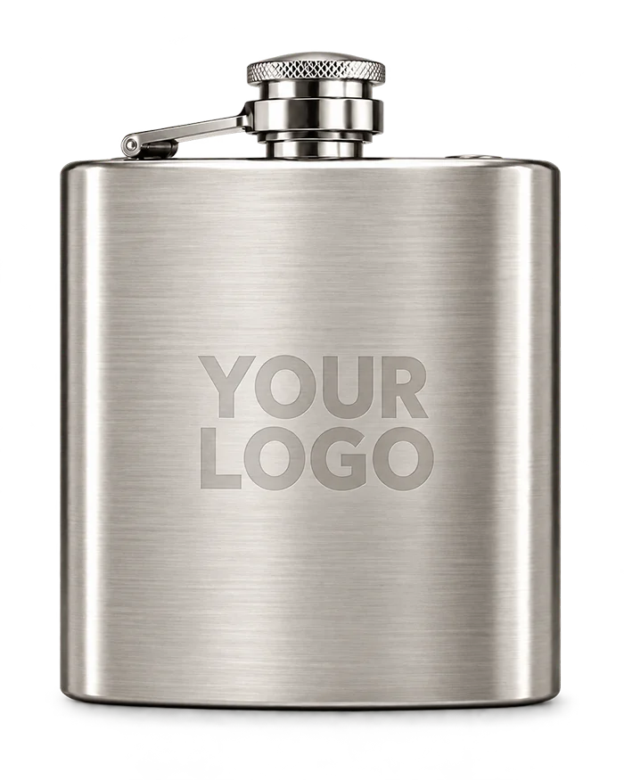 Subtle laser engraved logo on a brushed stainless steel hip flask