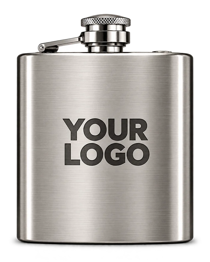 Black silk screen printed logo on a brushed stainless steel hip flask