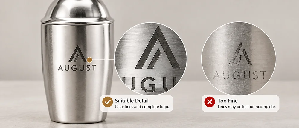 Comparison of clear and overly fine laser engraved logo details on a stainless steel cocktail shaker