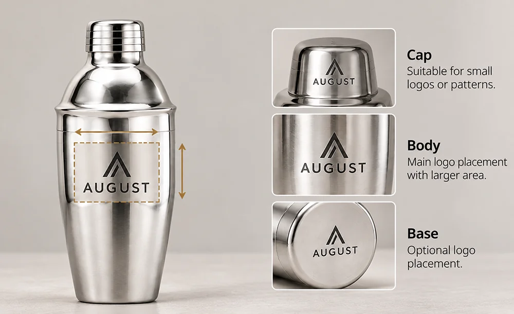 Custom logo placement options on a stainless steel cocktail shaker, including cap, body and base