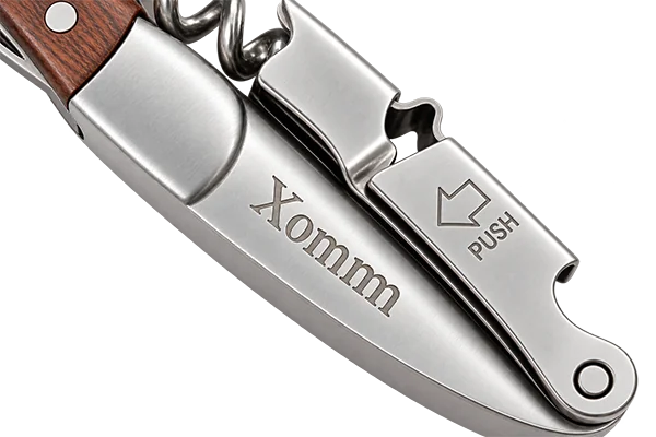 Laser engraved logo on a stainless steel double-hinged wine corkscrew