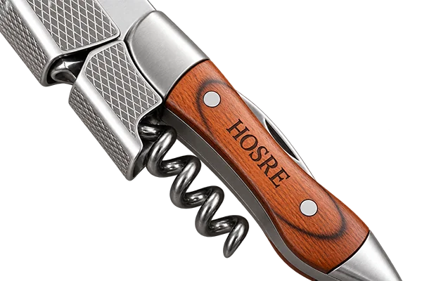 Custom logo engraving on a wooden handle wine corkscrew