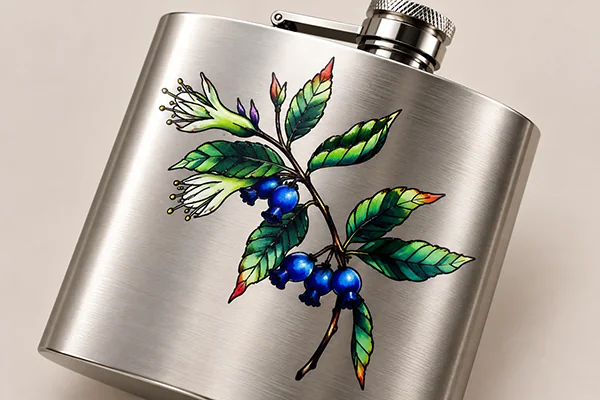 Full-colour botanical artwork printed on a stainless steel hip flask