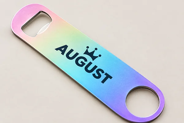 Custom AUGUST logo on a metal bottle opener with a pastel gradient finish