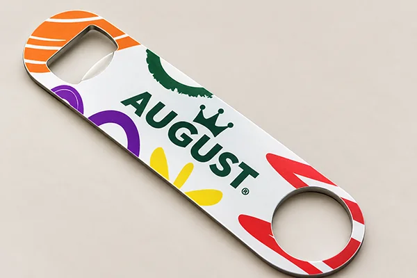 Multicolour custom AUGUST logo and graphic printing on a flat metal bottle opener