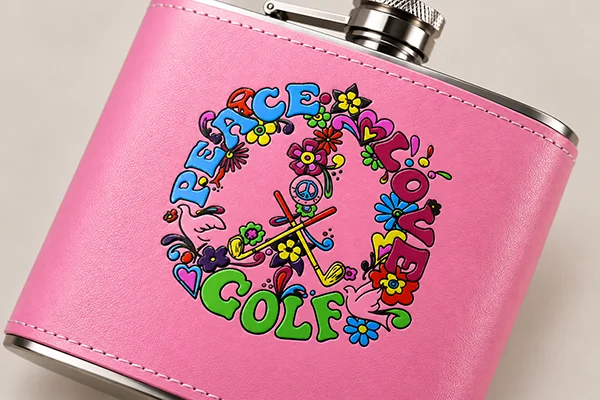 Full-colour custom graphic printing on a pink leather-wrapped hip flask
