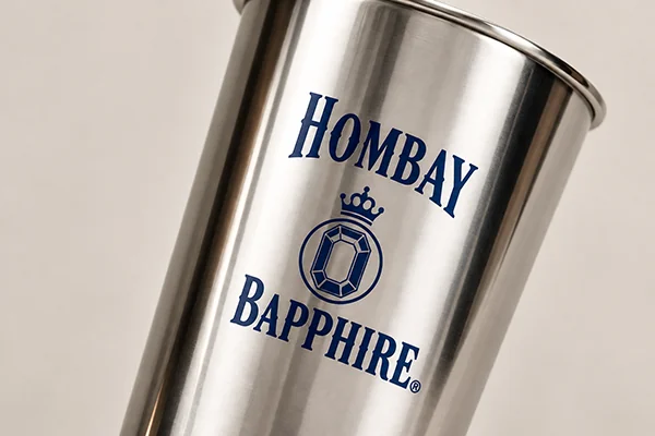 Blue custom logo printed on a brushed stainless steel tumbler