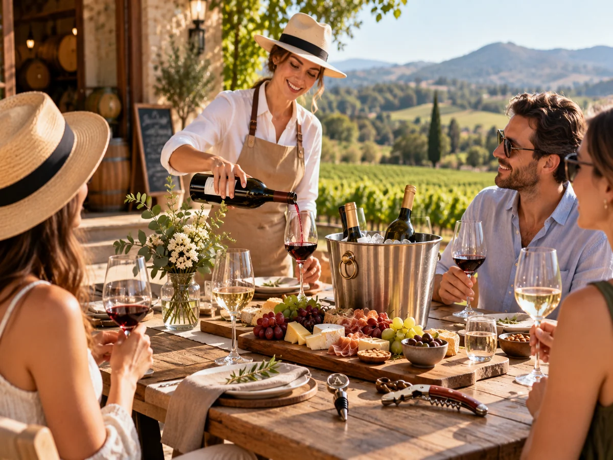 Winery staff member wearing a hat and apron serving wine to guests at an outdoor vineyard tasting event