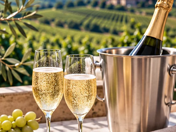 Prosecco sparkling wine served with a stainless steel ice bucket on an Italian vineyard terrace