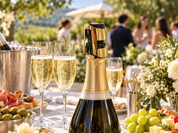 Prosecco bottle secured with a gold winged champagne stopper at an outdoor celebration