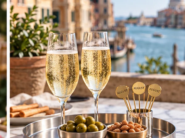 Prosecco glasses with appetizers and branded cocktail picks on an Italian aperitivo table