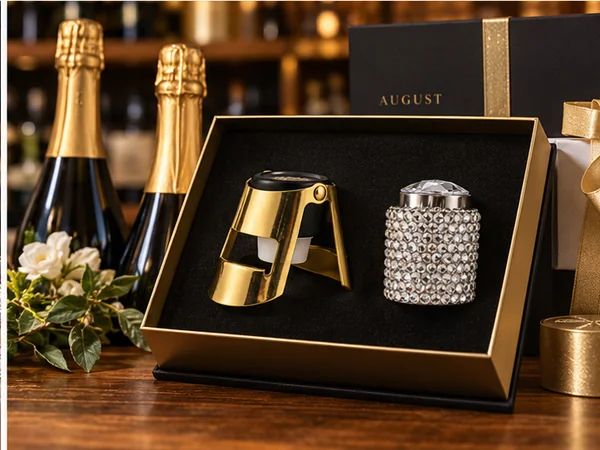 Premium sparkling wine gift display with gold winged champagne stopper and rhinestone bottle stopper