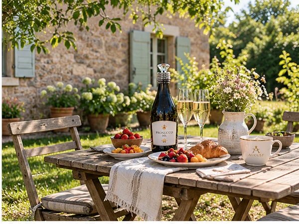 Prosecco served with croissants, fruit and breakfast dishes at a relaxed European garden brunch