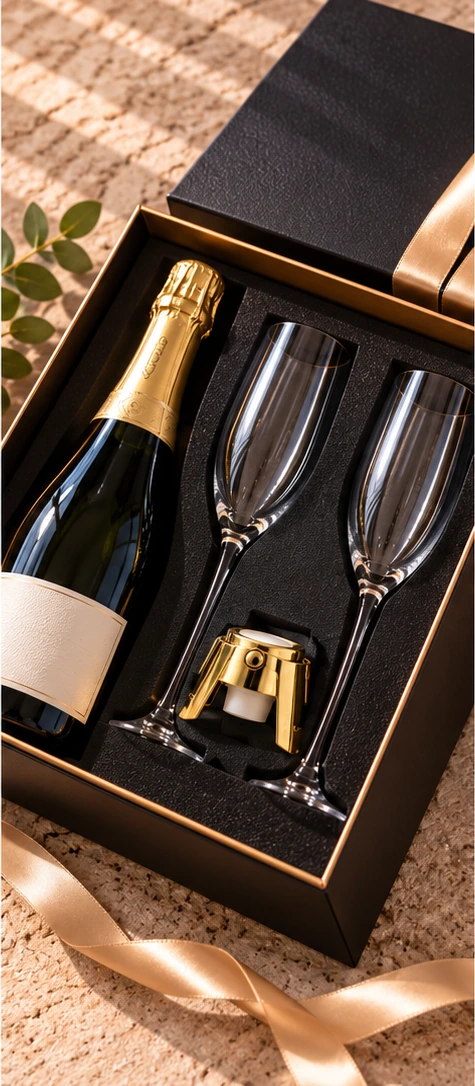 Premium sparkling wine gift box with a bottle, two champagne flutes and a gold champagne stopper