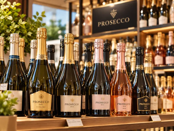 Prosecco DOC sparkling wine bottles displayed in a wine shop, including Brut, Extra Dry and Rosé styles