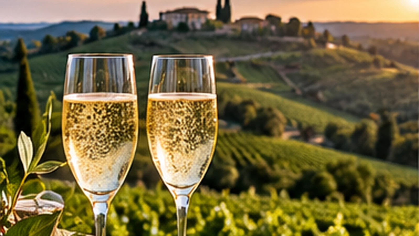 Two glasses of Prosecco sparkling wine overlooking an Italian vineyard