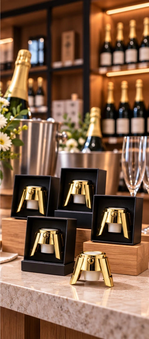 Winery retail display featuring gold champagne stoppers in gift boxes, sparkling wine bottles and glassware