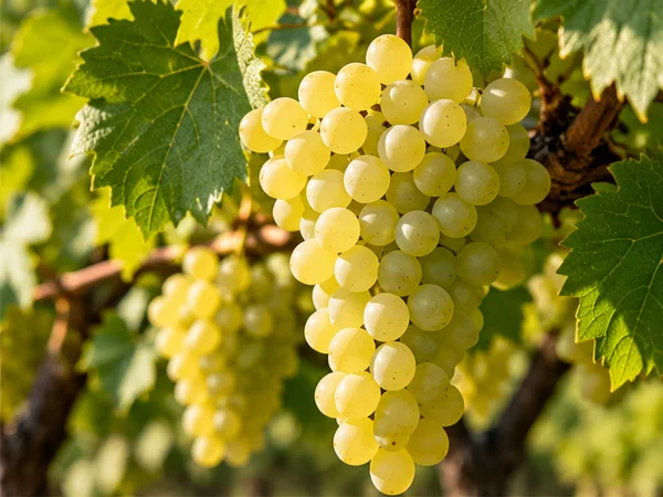 Glera white wine grapes growing on a vineyard vine