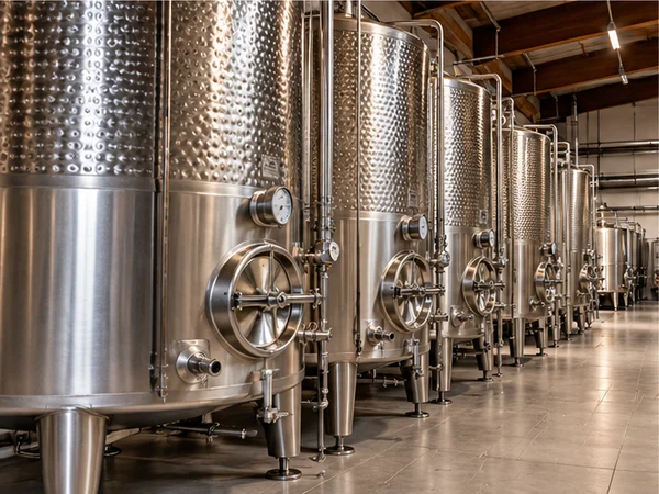 Stainless steel wine tanks illustrating the Prosecco fermentation method