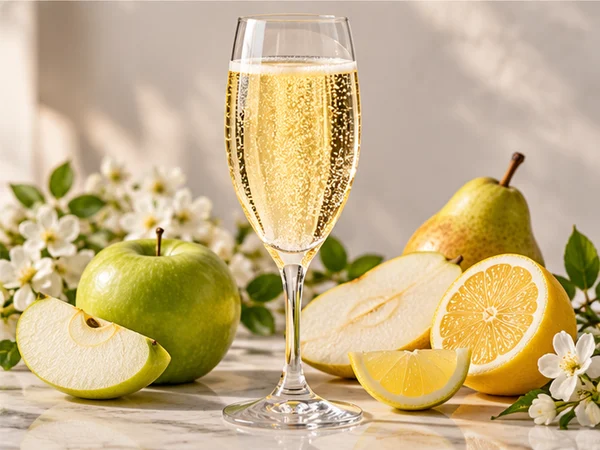 Sparkling wine with green apple, pear, citrus and white flowers