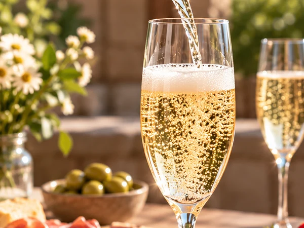 Prosecco being poured into a sparkling wine glass at an outdoor table