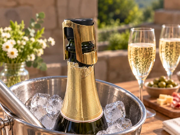 Gold winged sparkling wine stopper fitted to a bottle in an ice bucket