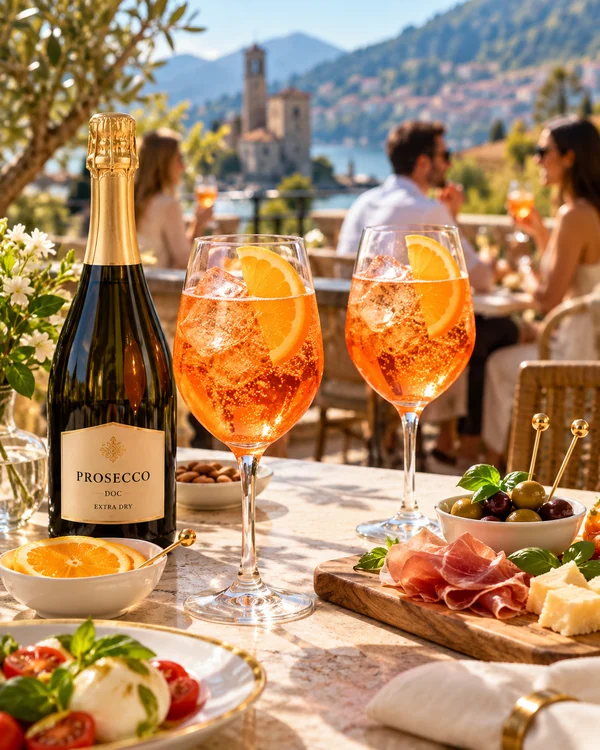 Two orange Spritz cocktails with Prosecco wine, Italian appetizers and cocktail picks on a sunny aperitivo terrace
