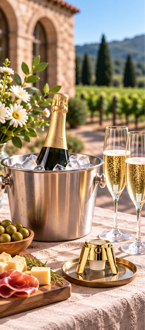 Sparkling wine tasting with an ice bucket, champagne flutes and a gold champagne stopper at a vineyard
