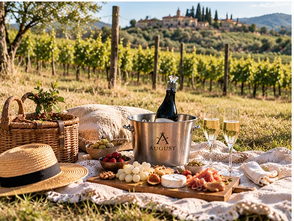 Prosecco picnic with a stainless steel ice bucket, sparkling wine and appetizers beside vineyard rows