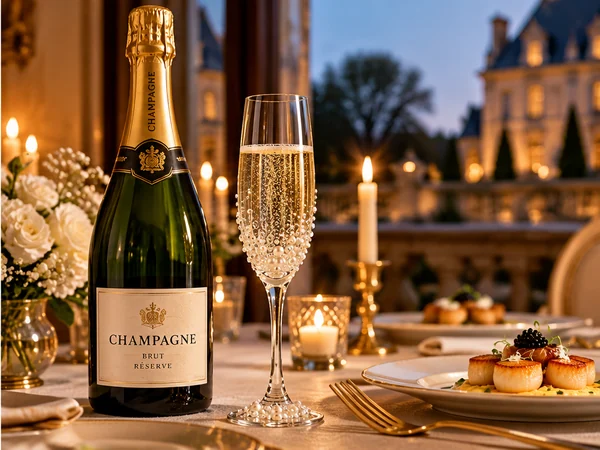Champagne Brut with a pearl and rhinestone decorated glass at an elegant candlelit dinner