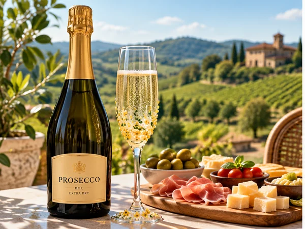 Prosecco DOC sparkling wine with a yellow floral decorated glass on an Italian vineyard terrace