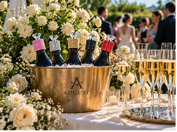 Prosecco bottles with colorful rhinestone stoppers at an elegant outdoor wedding celebration