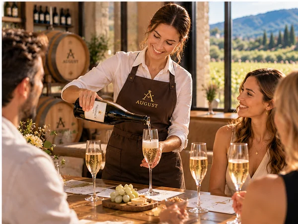 Winery host wearing an AUGUST branded apron pouring Prosecco for visitors during an indoor wine tasting